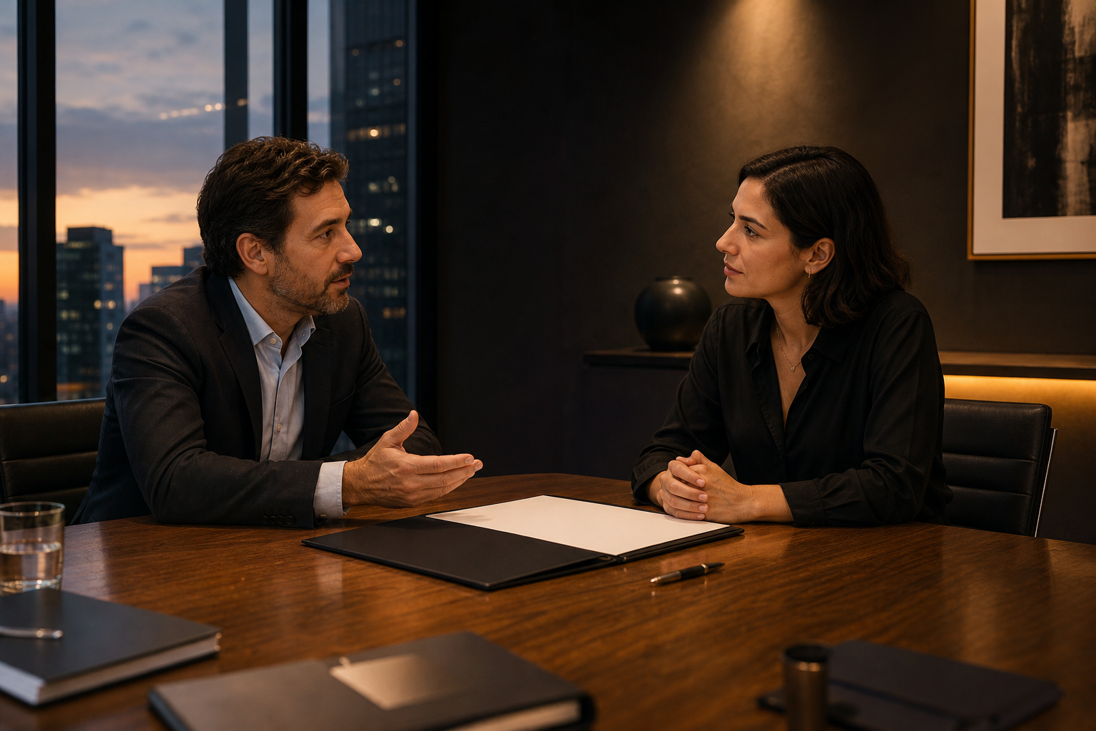 Dos socios conversando y dejando acuerdos por escrito antes de crear una sociedad