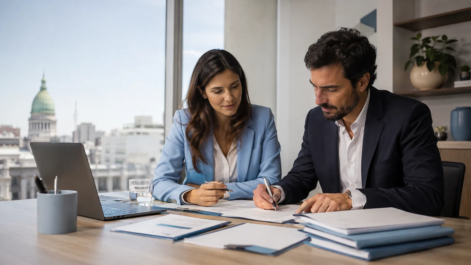 Dos socios revisando el contrato para crear una SRL en Argentina