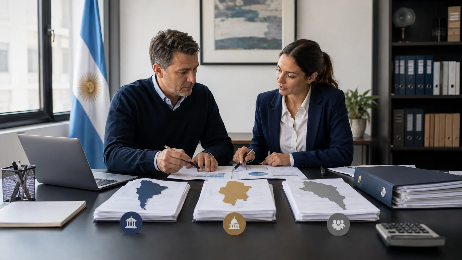 Empresario y asesora revisando los impuestos de una SAS o SRL en Argentina