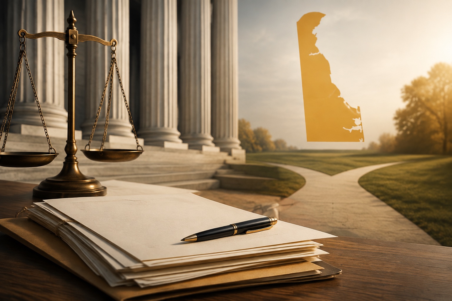 Documentos corporativos, balanza y mapa de Delaware frente a un tribunal