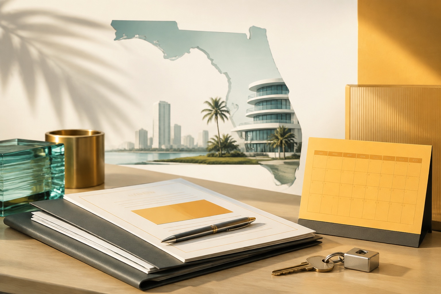 Documentos, calendario y llave frente al mapa de Florida