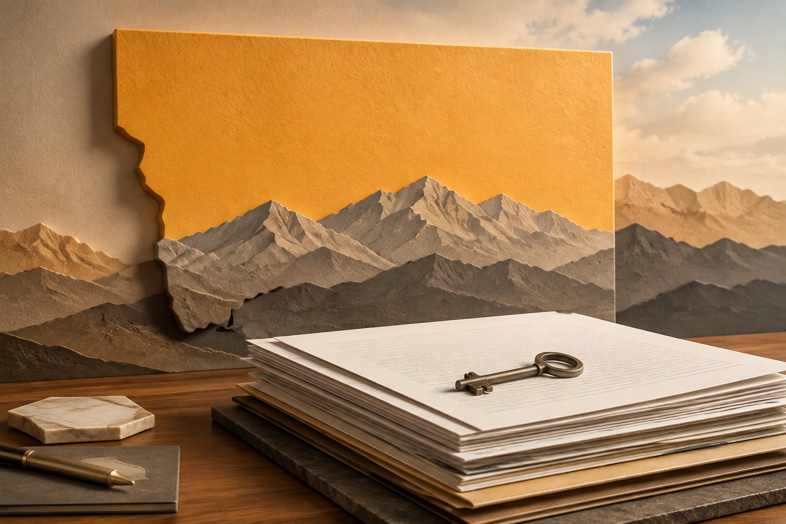 Documentos de empresa frente al mapa de Wyoming y las Montañas Rocosas