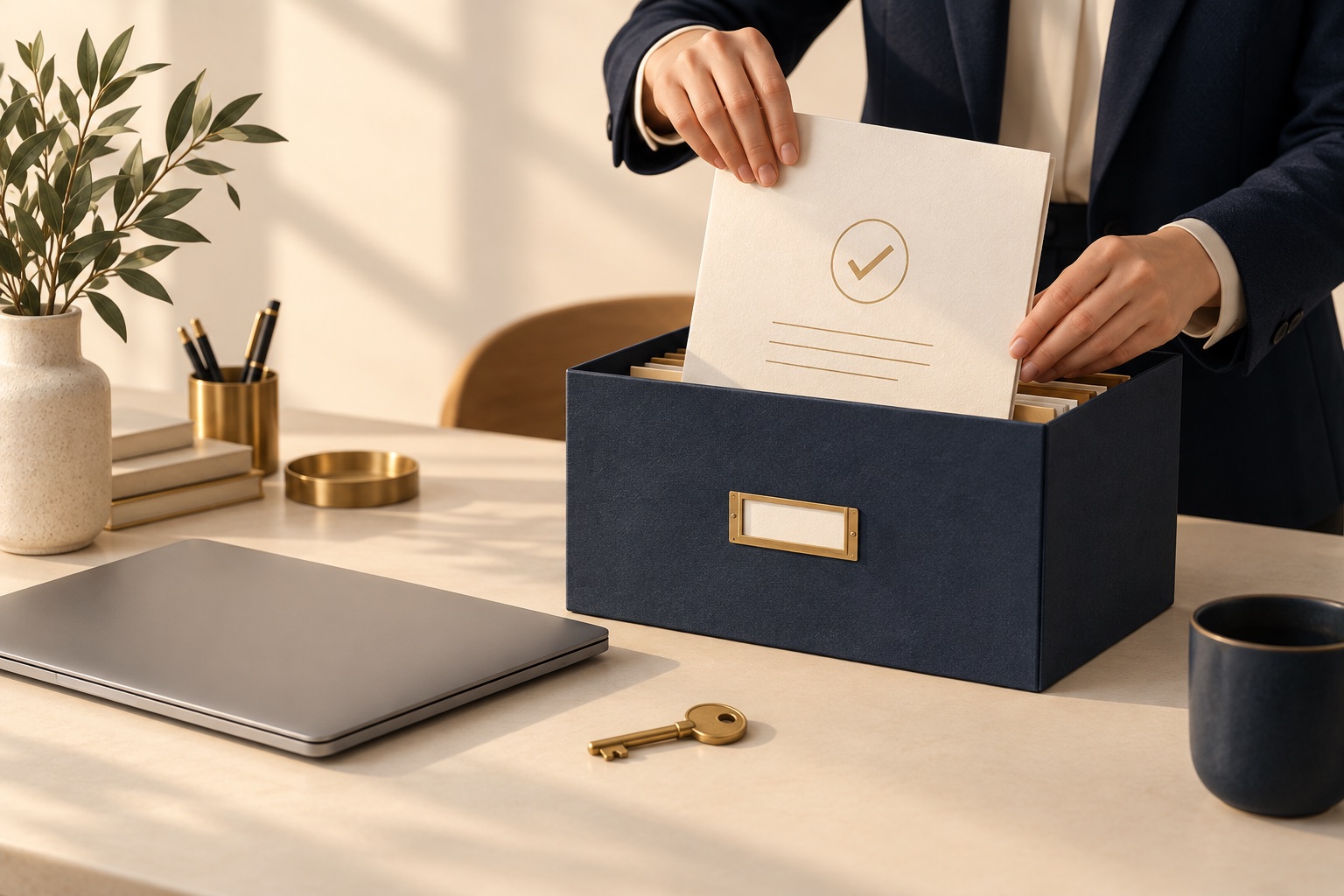 Archivo de cierre de una empresa con documentos revisados, una llave y una computadora