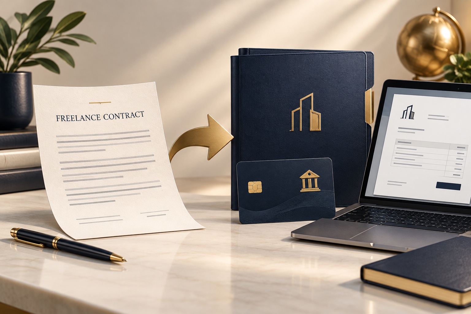 Contrato de servicios junto a una carpeta empresarial y una cuenta en pantalla