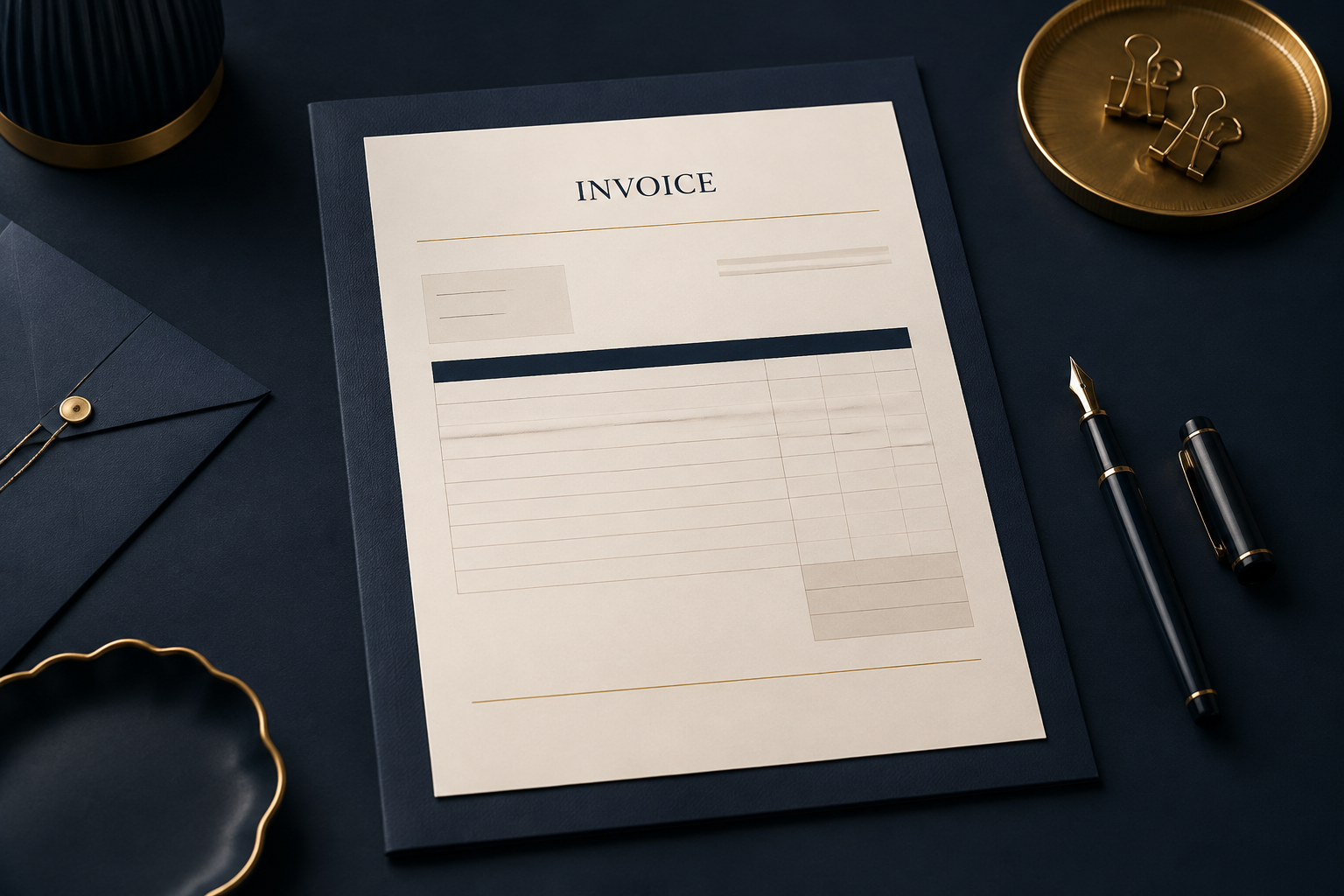 Invoice ilustrativa sobre un escritorio, con campos para detallar servicios y pagos