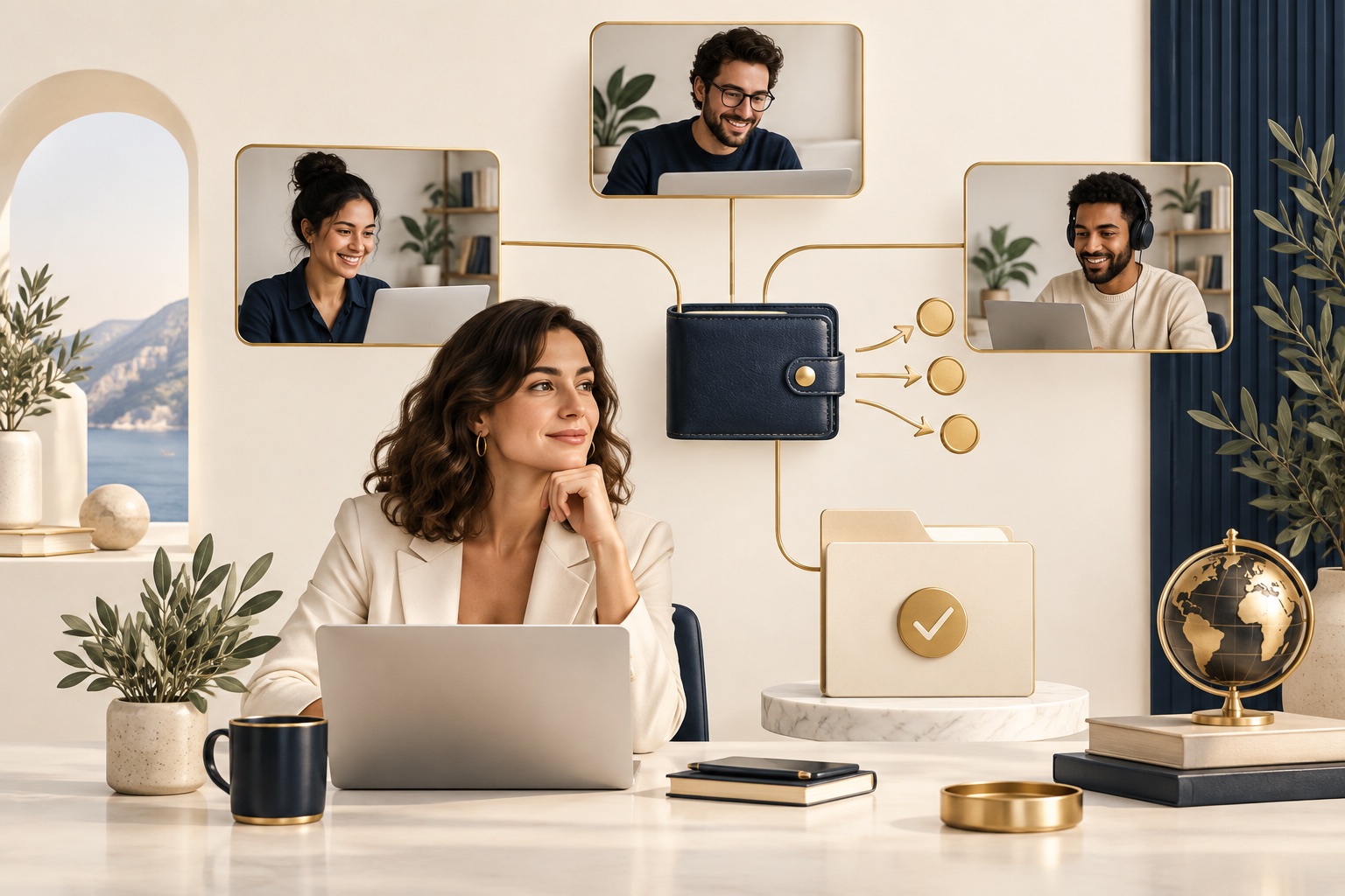 Dueña de una LLC coordinando pagos y trabajo con tres colaboradores remotos.