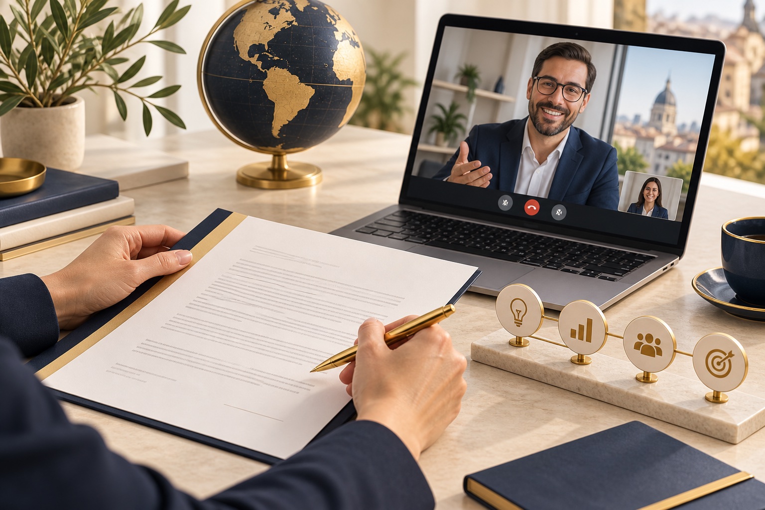 Profesional revisando un contrato durante una videollamada con un cliente internacional.