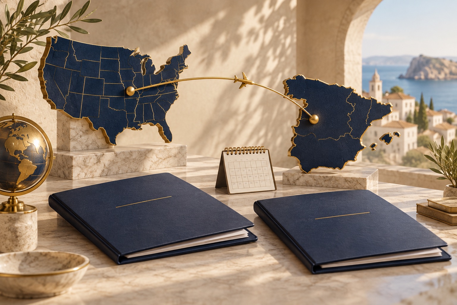 Mapas de España y Estados Unidos unidos por una ruta sobre carpetas empresariales