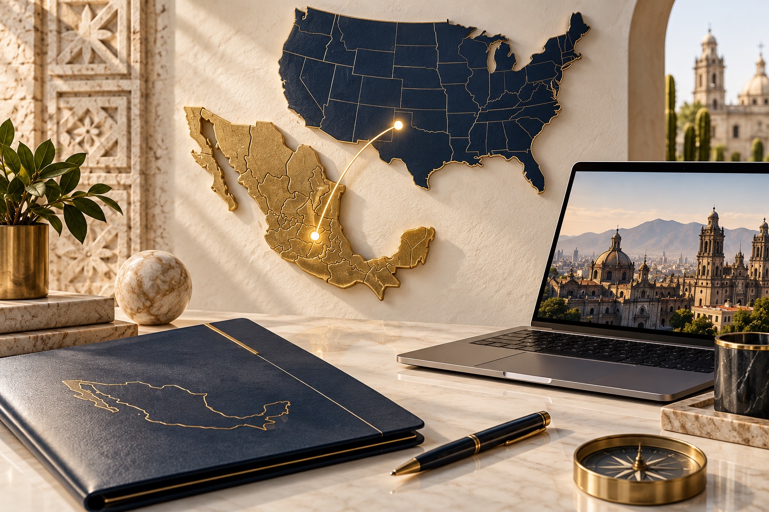 Mapas de México y Estados Unidos conectados junto a una computadora