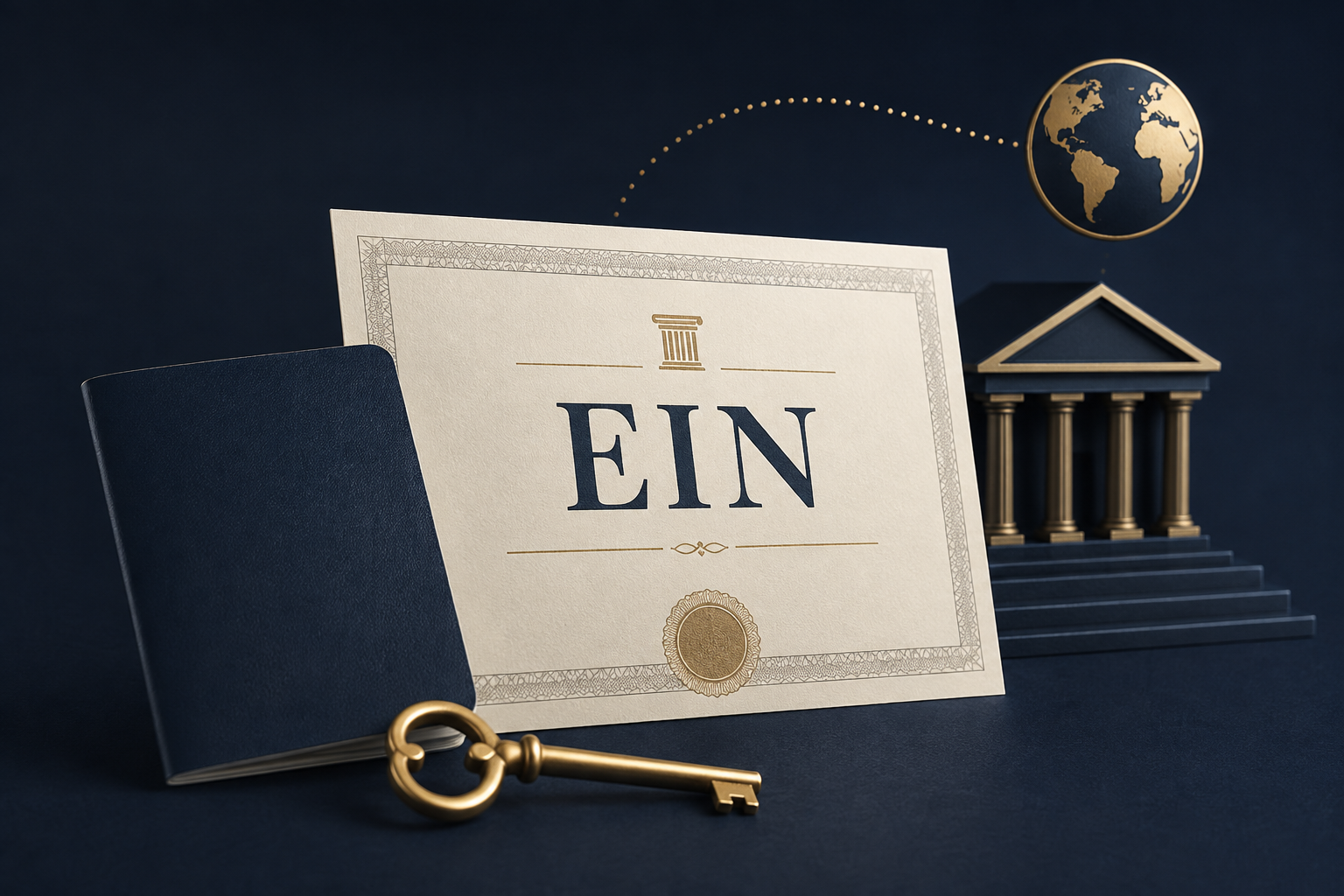 Ilustración conceptual de un EIN junto a un pasaporte y una llave empresarial