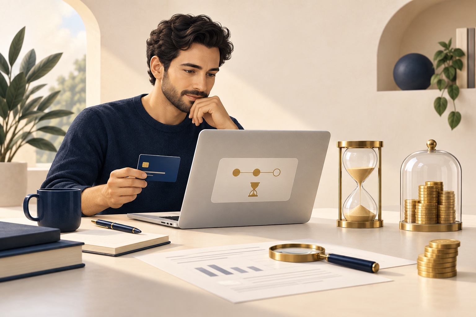 Saldo pendiente de un procesador de pagos y reserva disponible junto a una computadora