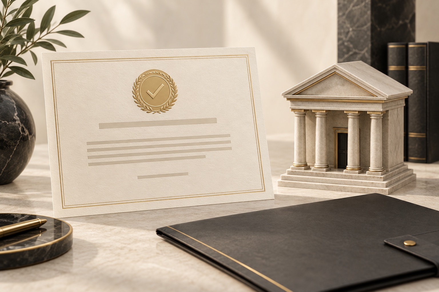 Certificado ilustrativo con una marca de verificación junto a un banco en miniatura