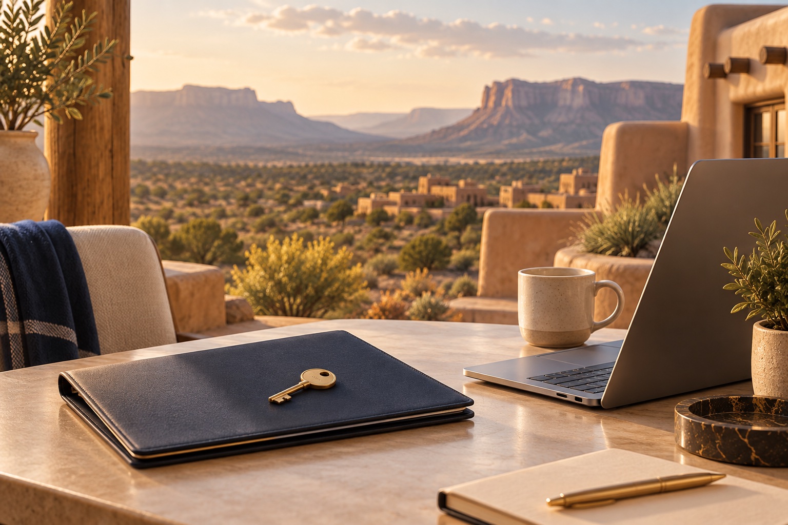 Carpeta de una empresa y computadora frente a un paisaje de New Mexico.