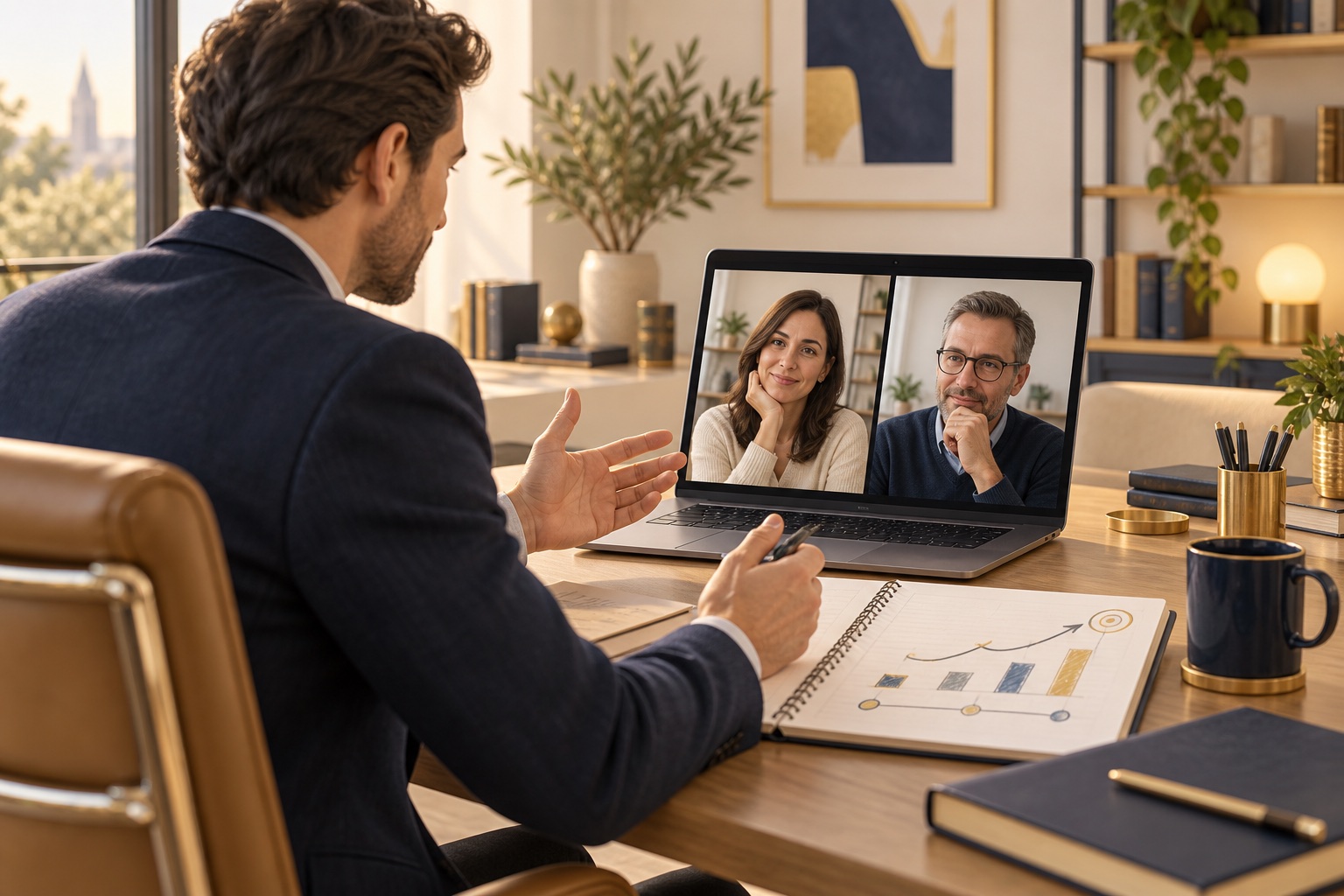 Consultor presentando un plan de trabajo a clientes mediante una videollamada.