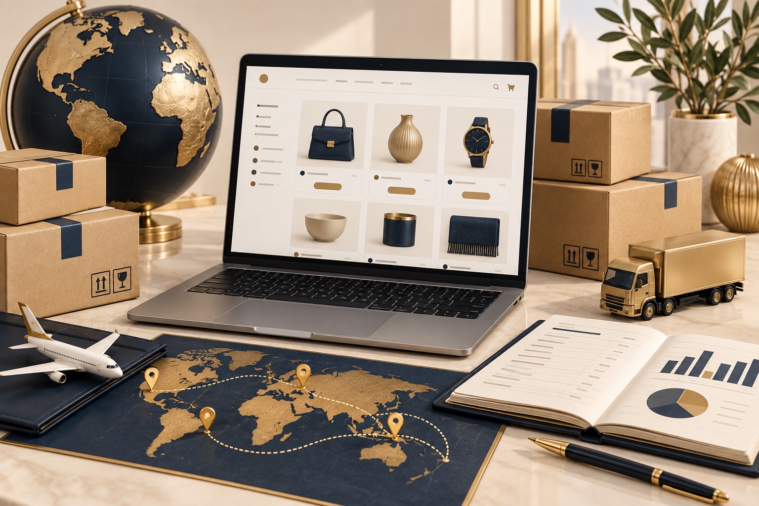 Tienda online junto a paquetes, un globo y medios de transporte en miniatura