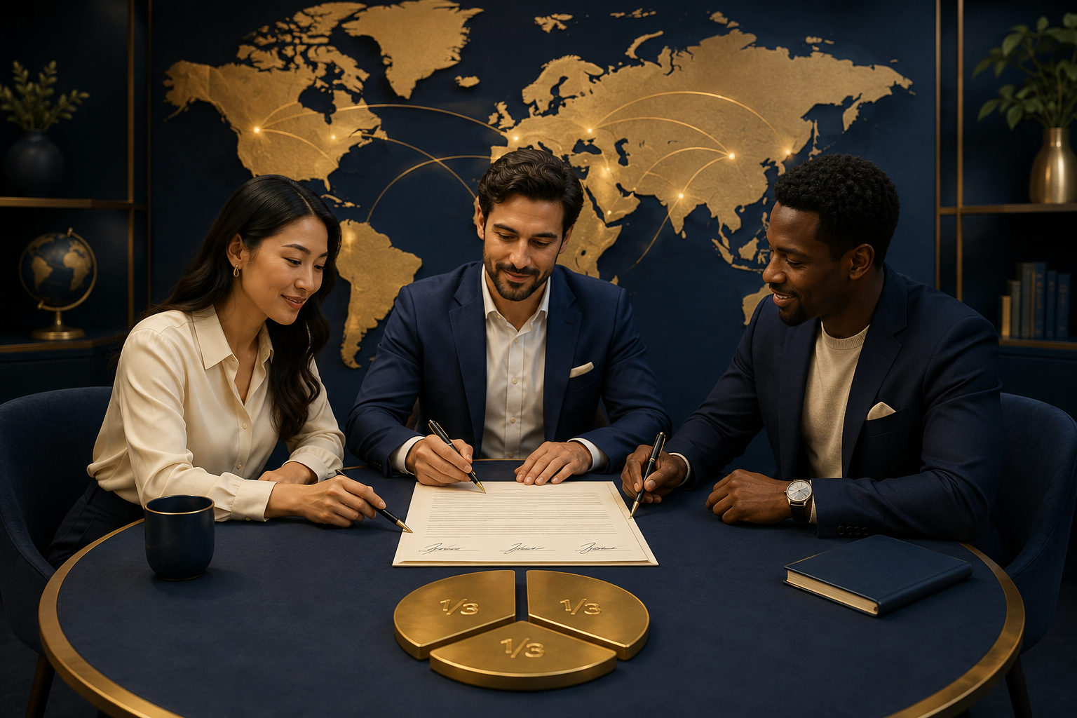 Tres socios en una escena ilustrativa de firma de acuerdos para un negocio internacional