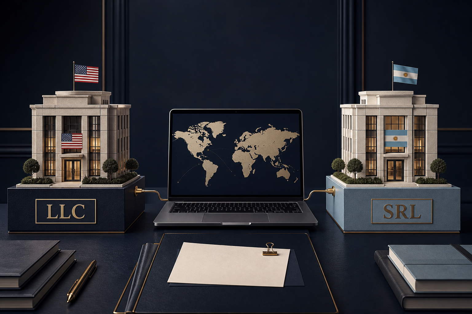 Modelos de empresas LLC y SRL con banderas de Estados Unidos y Argentina