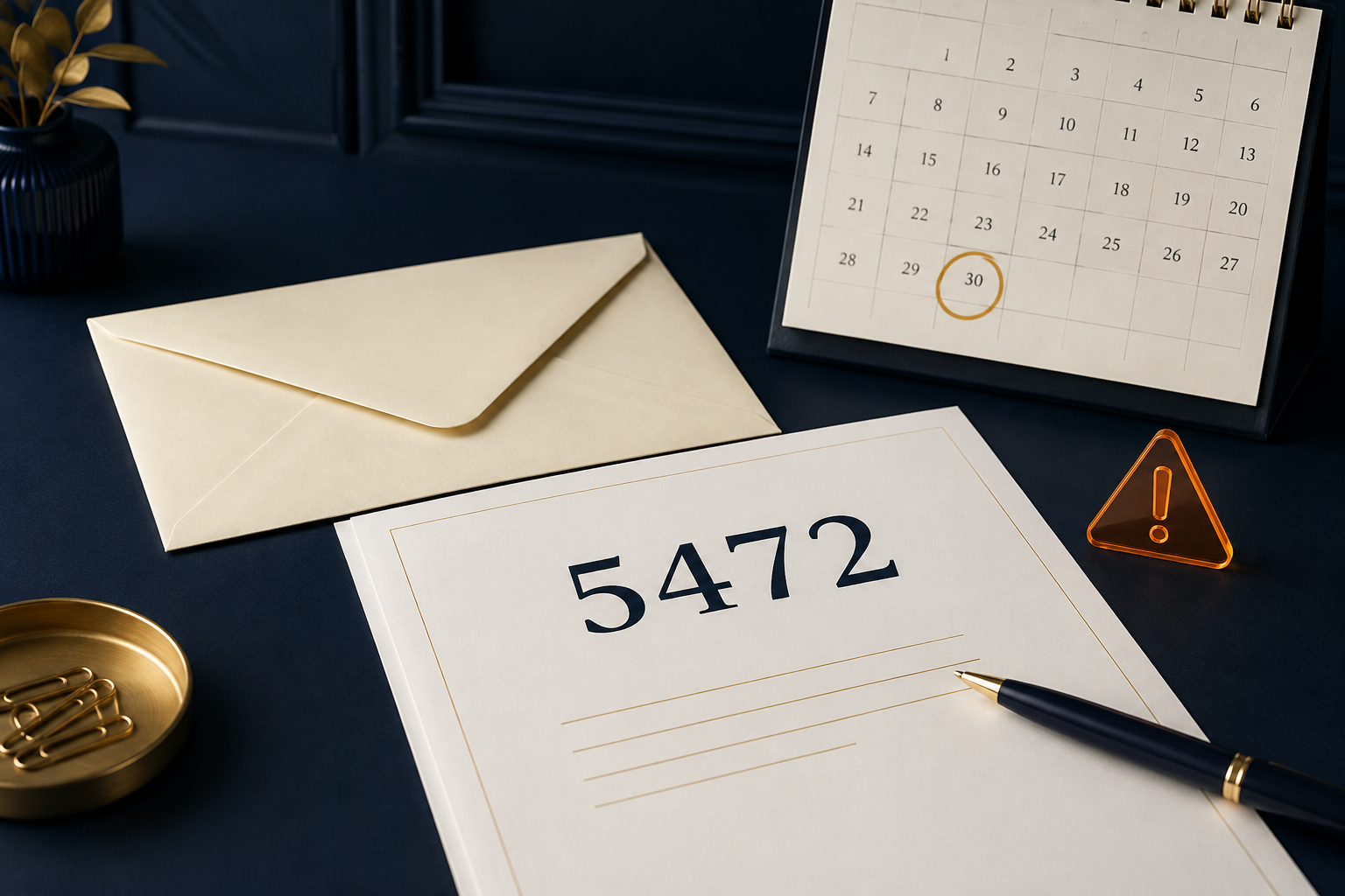 Documento ilustrativo 5472 junto a un sobre, un calendario y una señal de atención