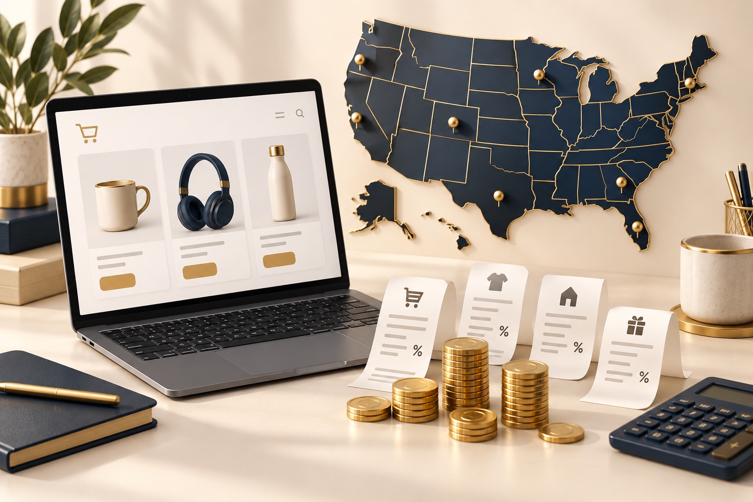 Tienda online, comprobantes e impuestos sobre las ventas representados sobre un mapa de Estados Unidos.