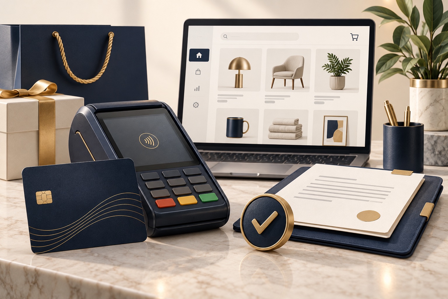 Tienda online, terminal de pago y documentación empresarial sobre un escritorio