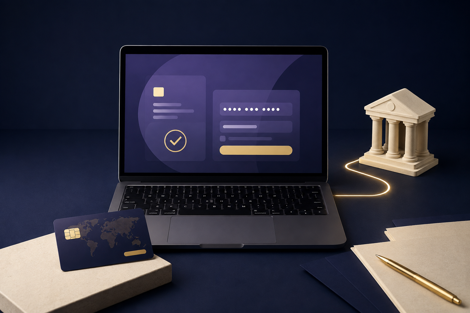 Ilustración de un checkout online conectado con una cuenta bancaria empresarial