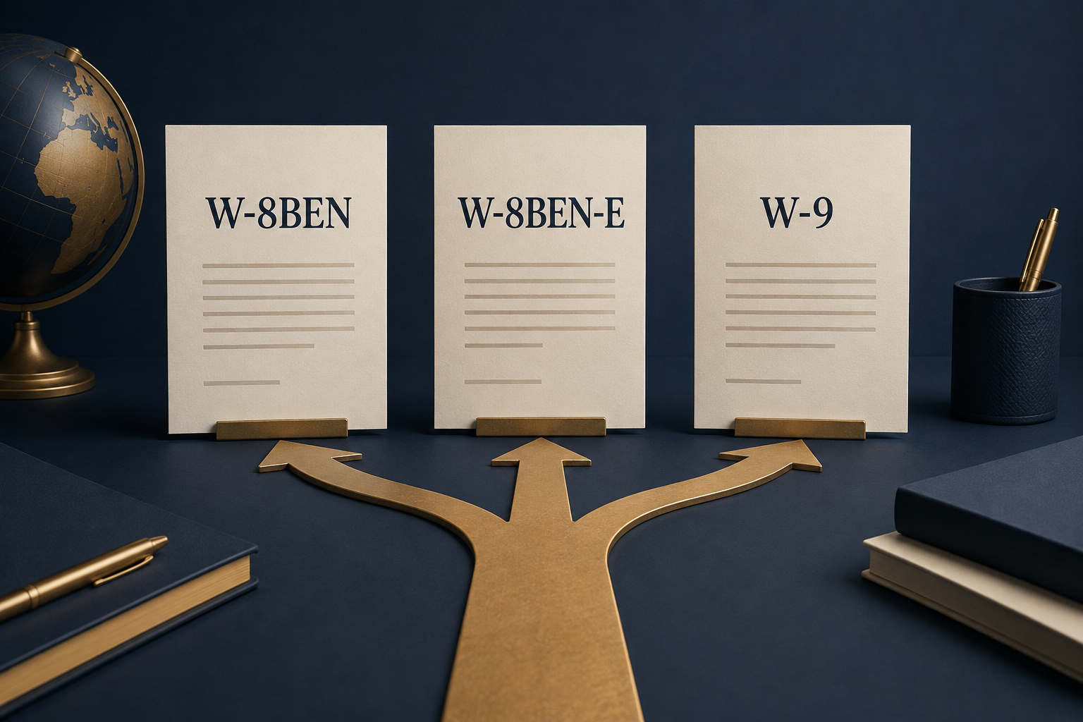 Tres documentos ilustrativos W-8BEN, W-8BEN-E y W-9 para comparar perfiles fiscales